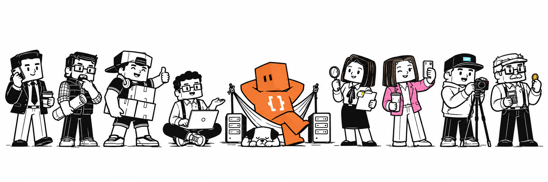 Claudio, Héctor, Brayan y Arjun; El Promptero naranja en su hamaca con su perro; Lupita, Ximena, Kevin y Don Rigoberto.